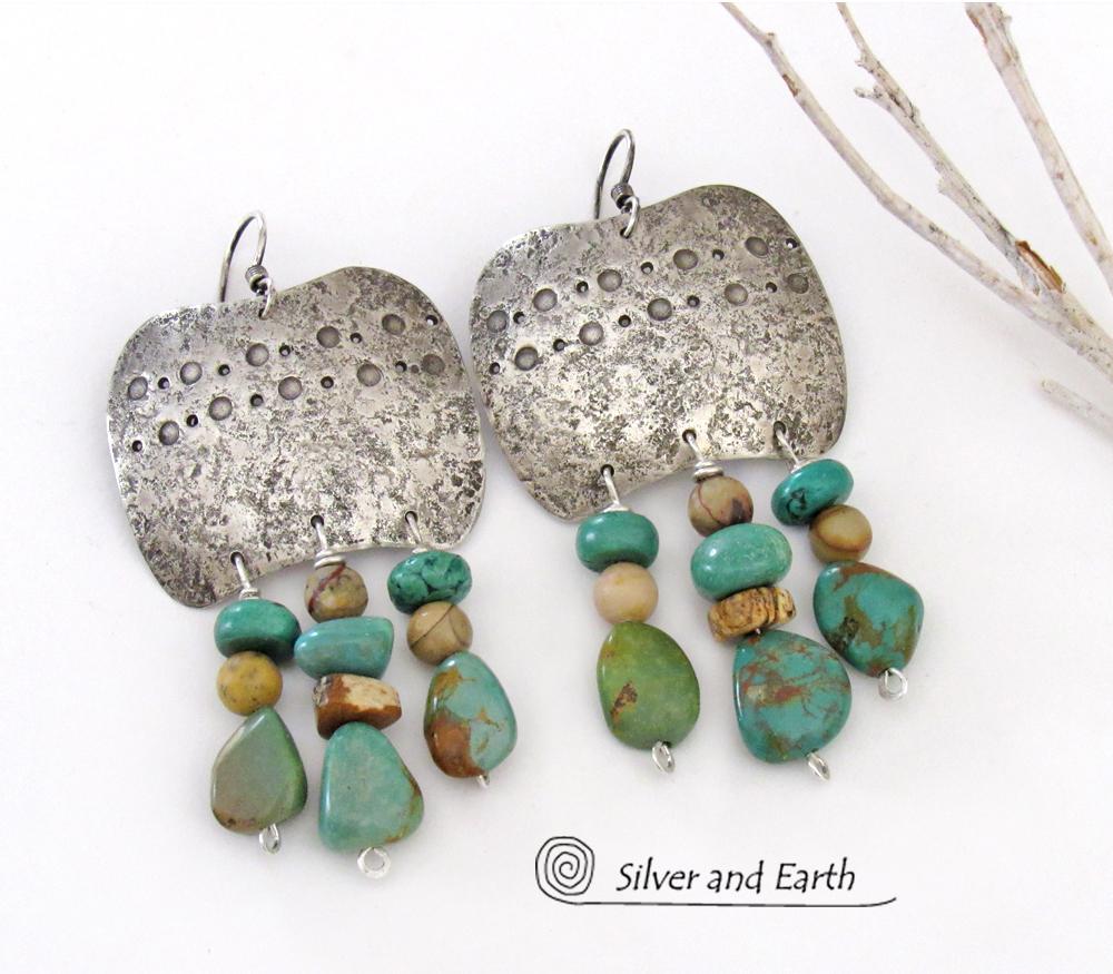 Large Southwest Sterling Silver Earrings with Natural Turquoise Fringe Dangles