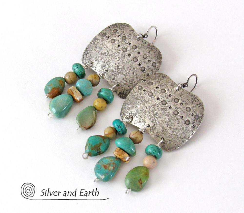 Large Southwest Sterling Silver Earrings with Natural Turquoise Fringe Dangles