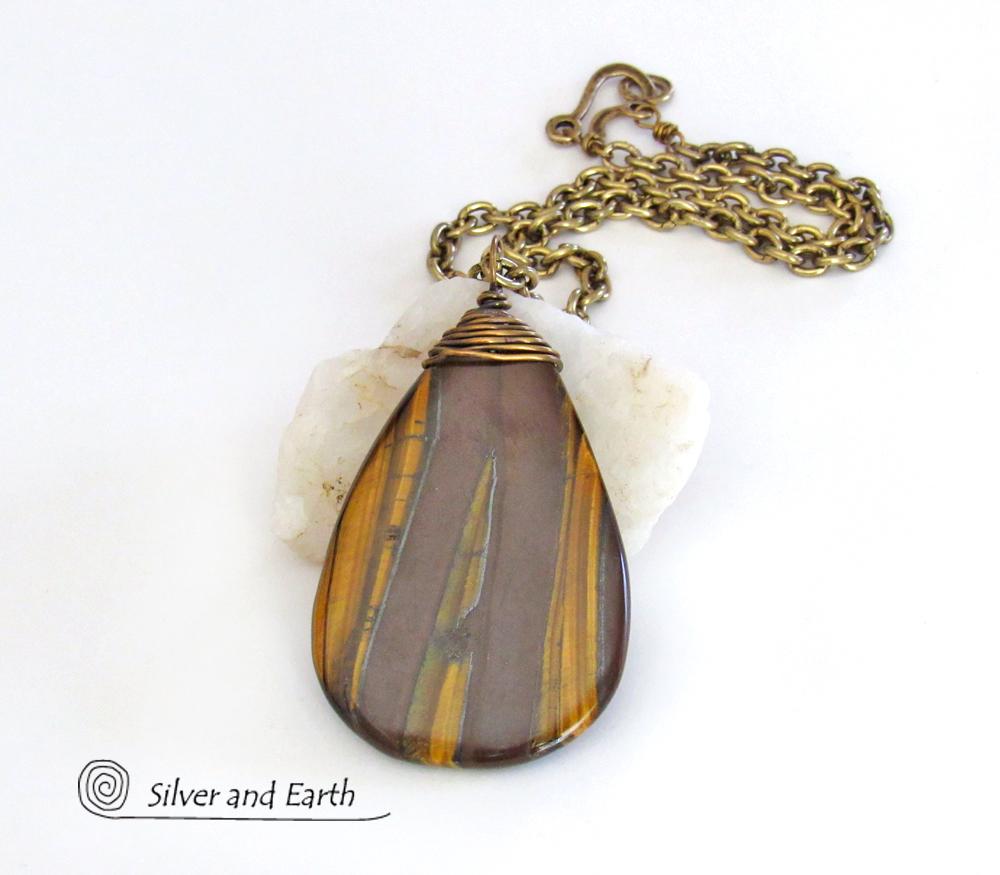 Large Tiger's Eye Gemstone Pendant Necklace- Earthy Natural Stone Jewelry