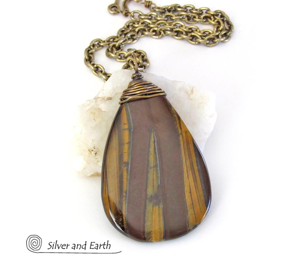 Large Tiger s Eye Gemstone Pendant Necklace Earthy Natural