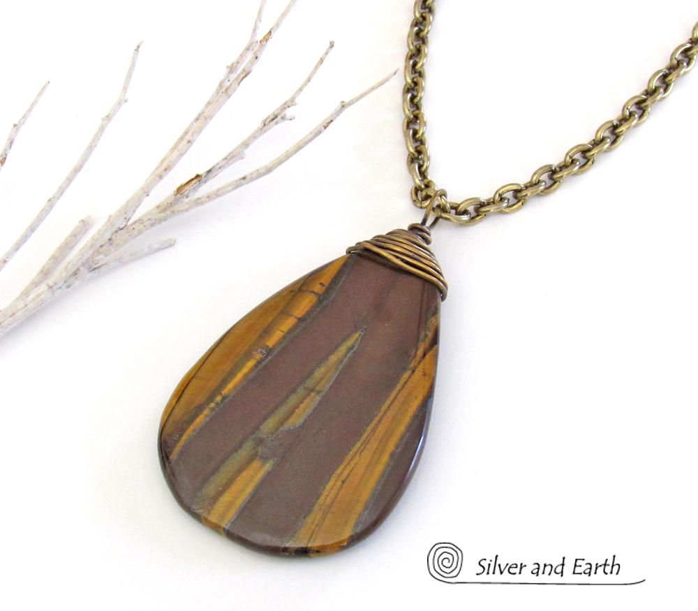 Large Tiger's Eye Gemstone Pendant Necklace- Earthy Natural Stone Jewelry