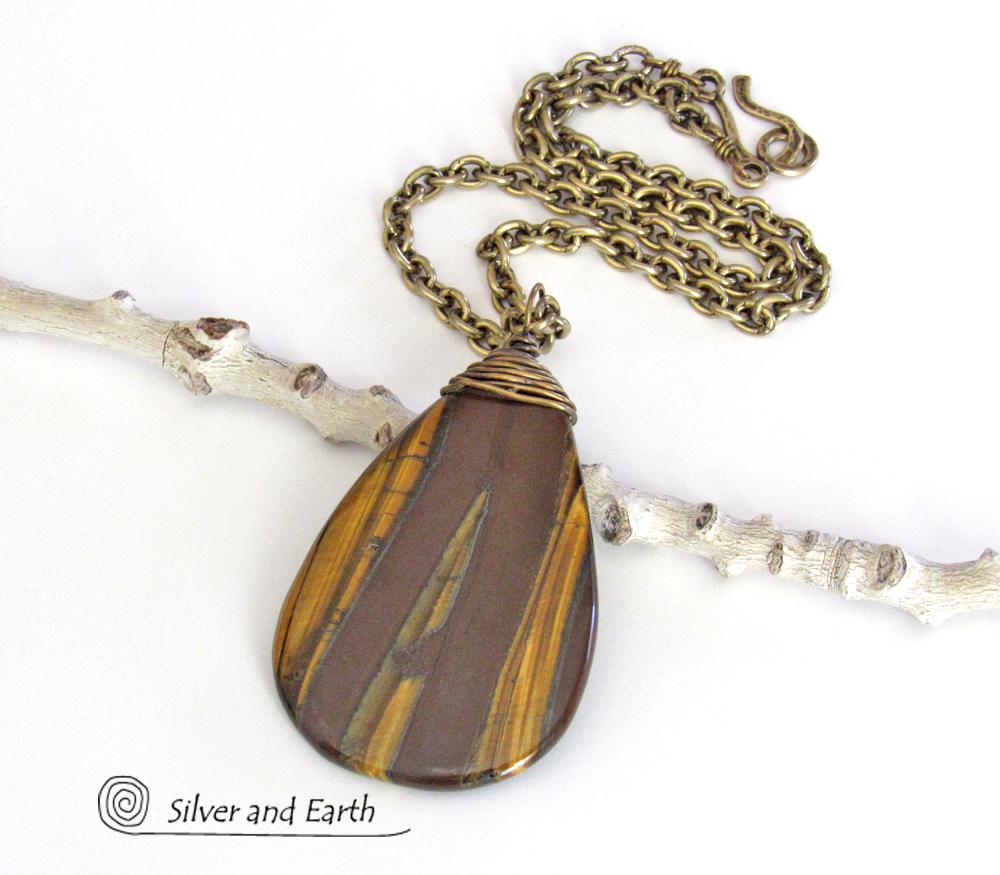 Large Tiger's Eye Gemstone Pendant Necklace- Earthy Natural Stone Jewelry