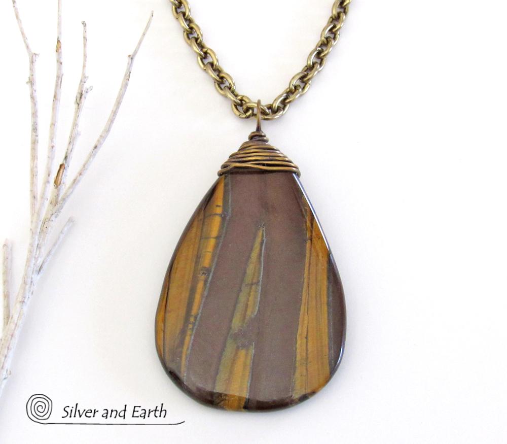 Large Tiger's Eye Gemstone Pendant Necklace- Earthy Natural Stone Jewelry