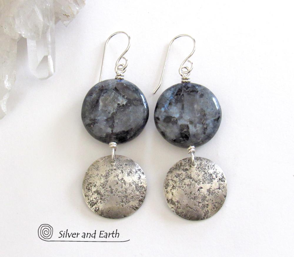 Larvikite Gemstone Sterling Silver Earrings - Norwegian Moonstone Jewelry