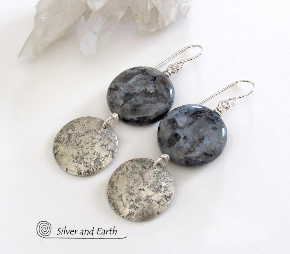 Larvikite Gemstone Sterling Silver Earrings - Norwegian Moonstone Jewelry