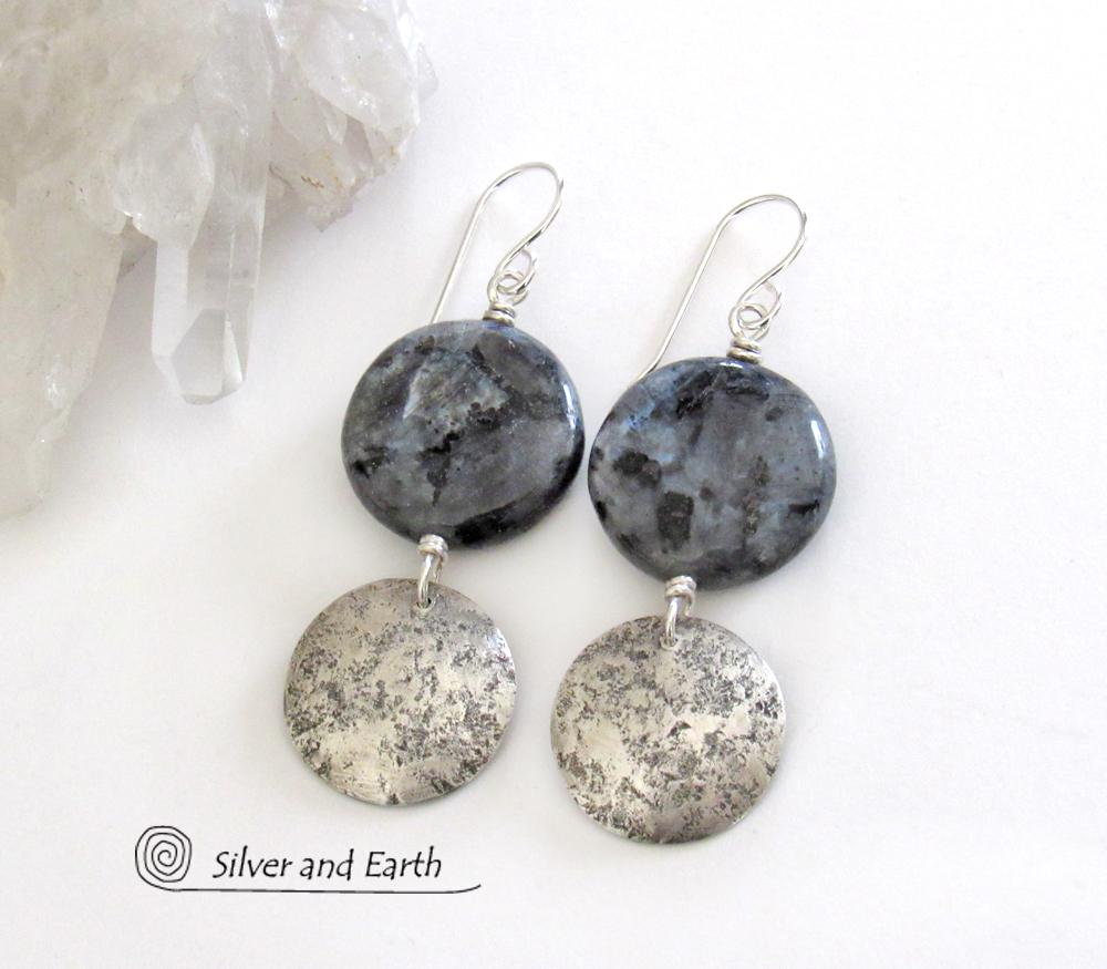 Larvikite Gemstone Sterling Silver Earrings - Norwegian Moonstone Jewelry