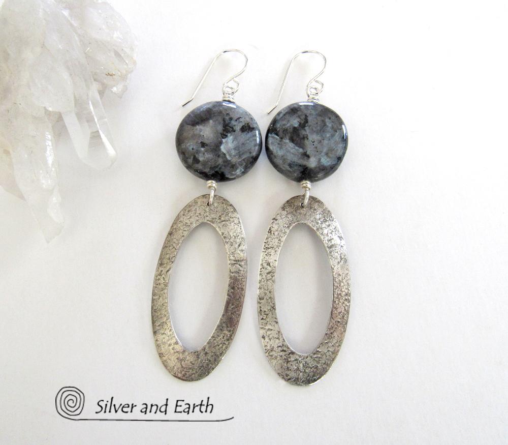 Larvikite Sterling Silver Hoop Dangle Earrings - Norwegian Moonstone Jewelry