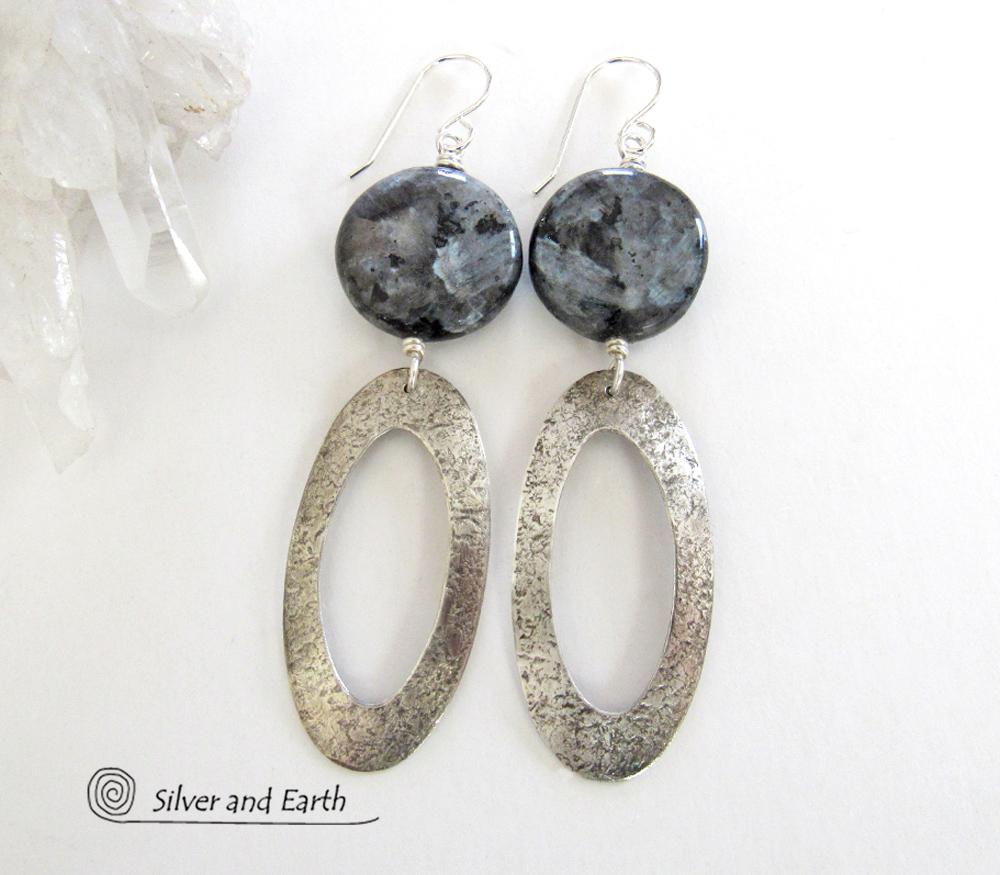 Larvikite Sterling Silver Hoop Dangle Earrings - Norwegian Moonstone Jewelry