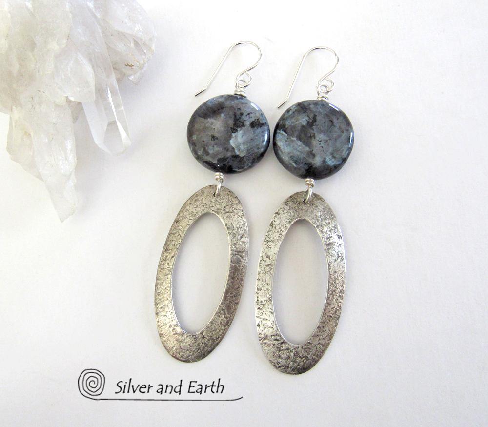 Larvikite Sterling Silver Hoop Dangle Earrings - Norwegian Moonstone Jewelry