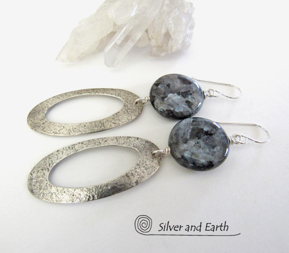 Larvikite Sterling Silver Hoop Dangle Earrings - Norwegian Moonstone Jewelry