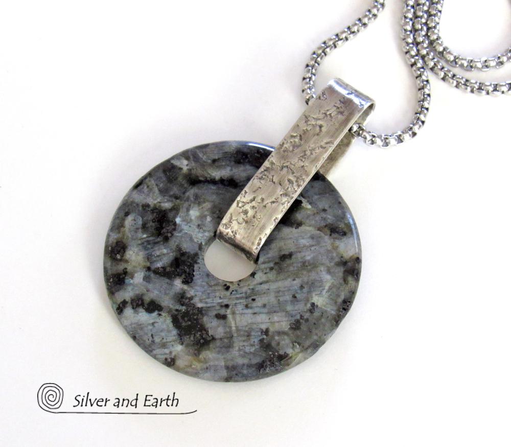 Larvikite Sterling Silver Necklace - Black Labradorite Moonstone Jewelry