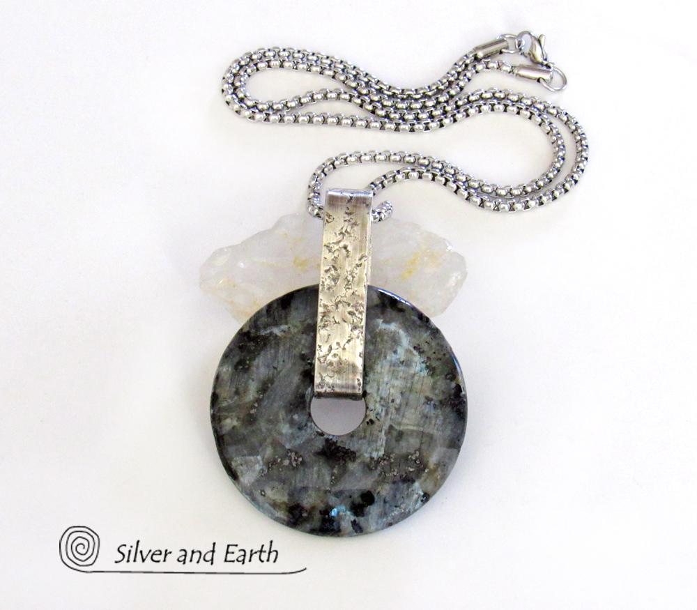 Larvikite Sterling Silver Necklace - Black Labradorite Moonstone Jewelry