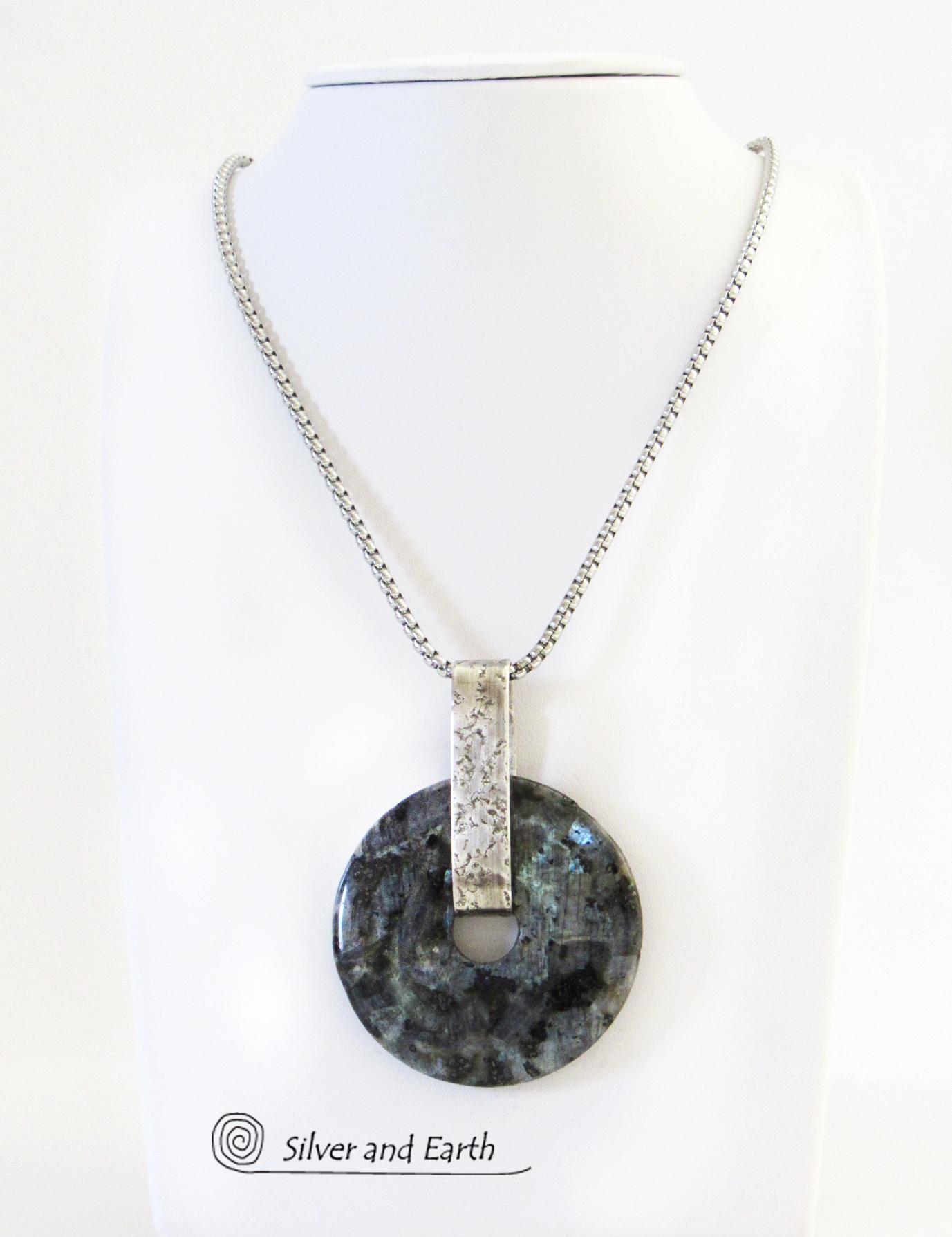 Larvikite Sterling Silver Necklace - Black Labradorite Moonstone Jewelry