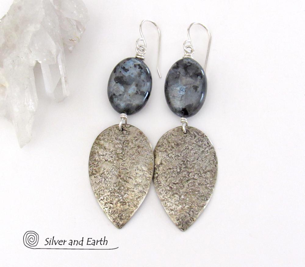 Sterling Silver Dangle Earrings with Natural Larvikite Gemstones