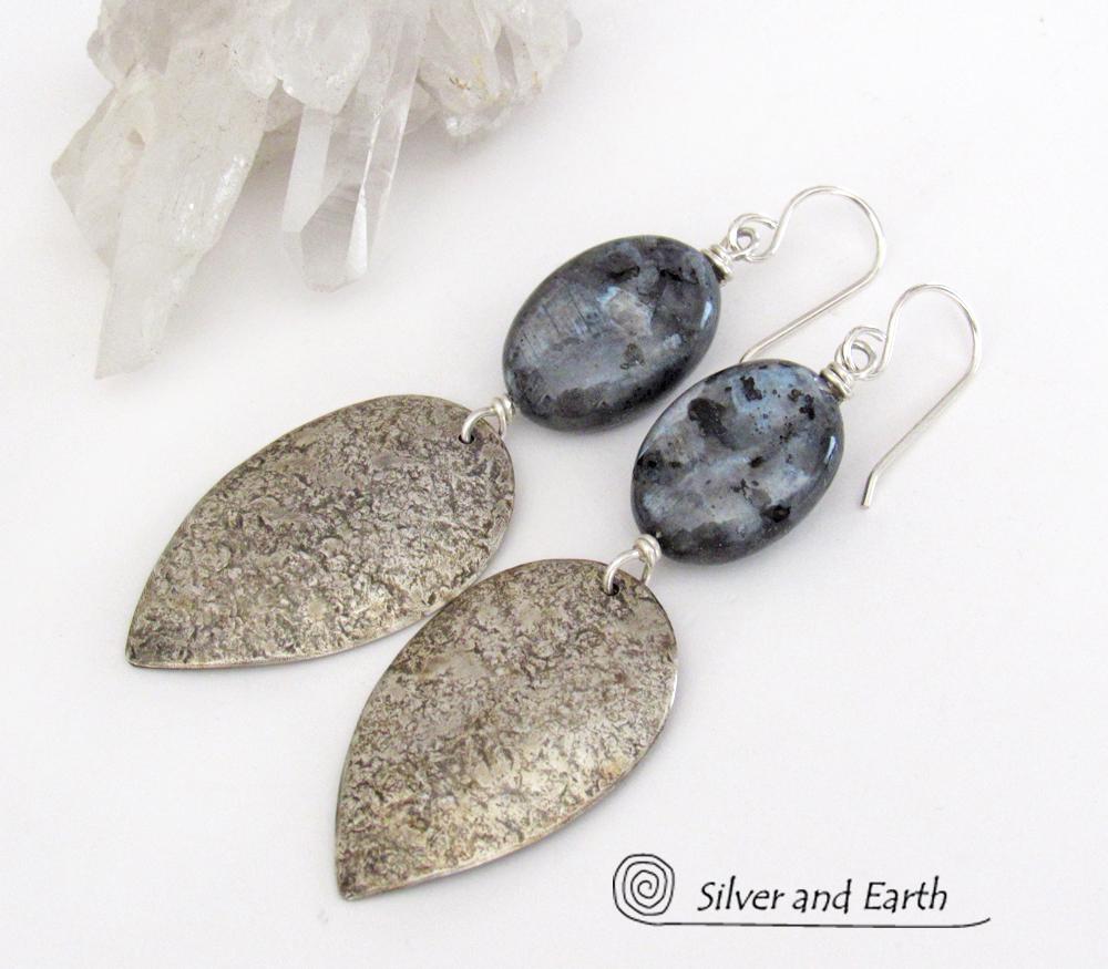 Sterling Silver Dangle Earrings with Natural Larvikite Gemstones