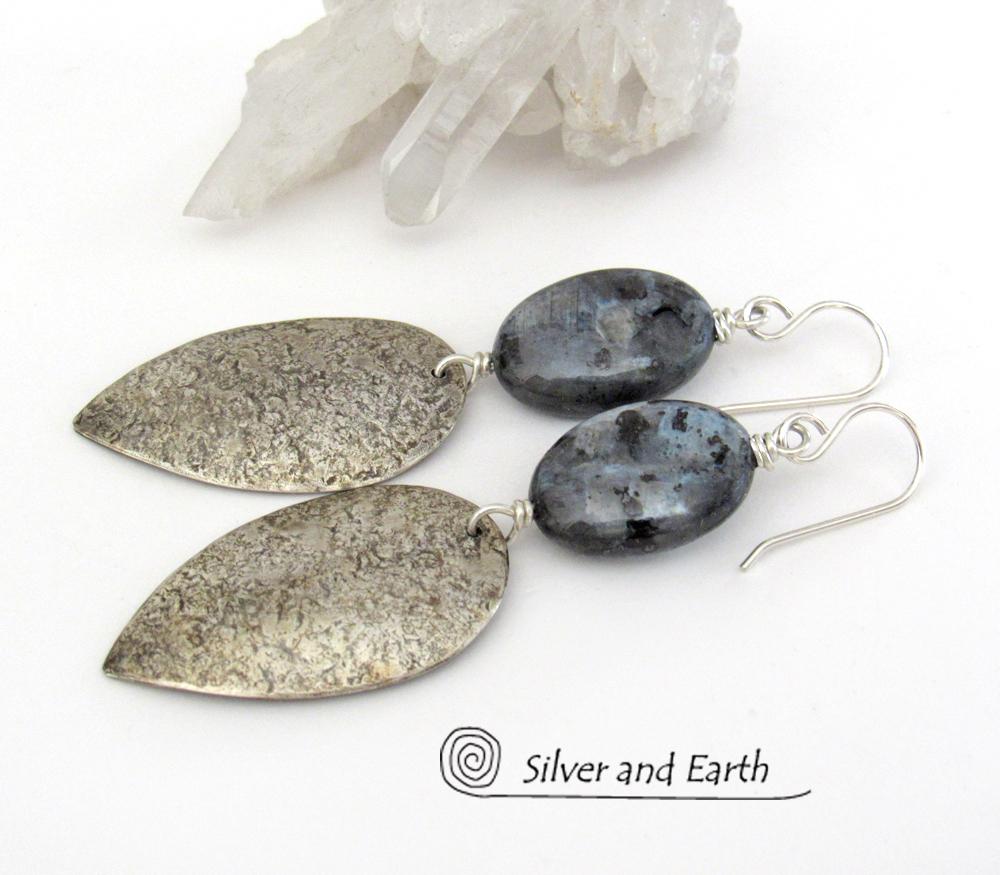 Sterling Silver Dangle Earrings with Natural Larvikite Gemstones
