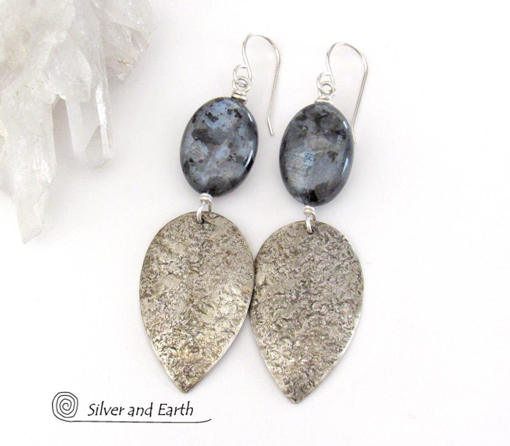Sterling Silver Dangle Earrings with Natural Larvikite Gemstones