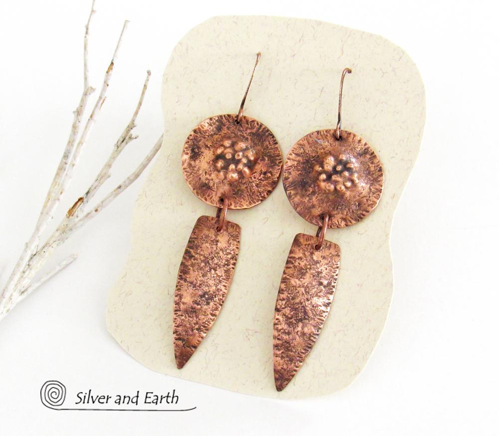 Rustic Earthy Long Copper Dangle Earrings - Hand Forged Metal Jewelry