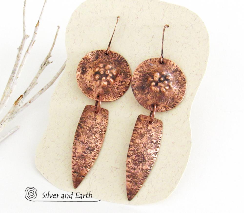 Rustic Earthy Long Copper Dangle Earrings - Hand Forged Metal Jewelry