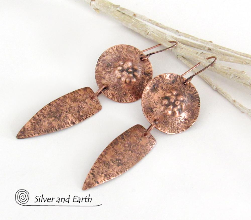 Rustic Earthy Long Copper Dangle Earrings - Hand Forged Metal Jewelry