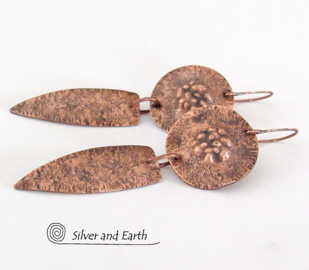 Rustic Earthy Long Copper Dangle Earrings - Hand Forged Metal Jewelry