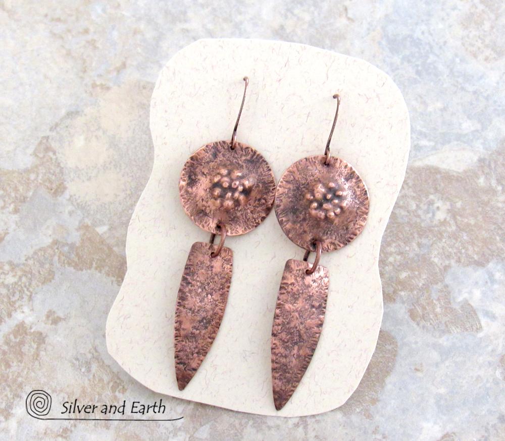 Rustic Earthy Long Copper Dangle Earrings - Hand Forged Metal Jewelry