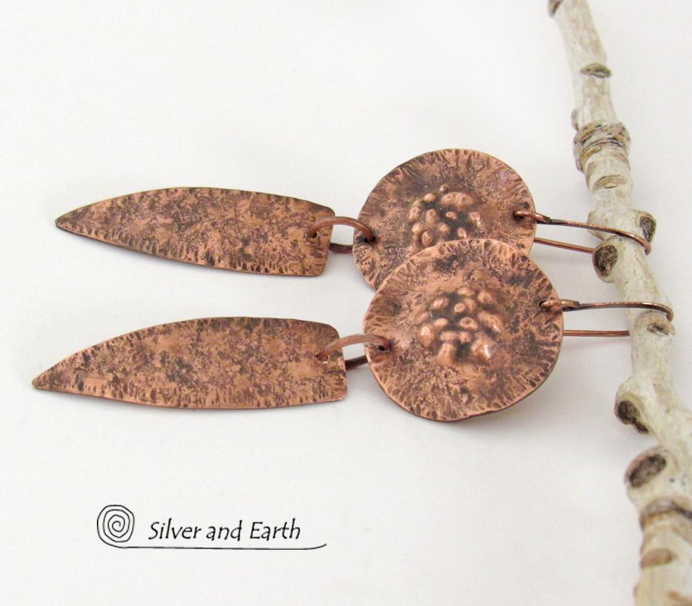 Rustic Earthy Long Copper Dangle Earrings - Hand Forged Metal Jewelry