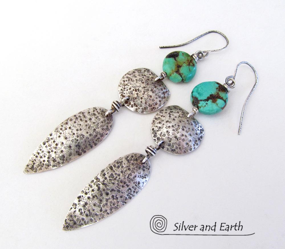 Long Sterling Silver Earrings with Turquoise - Bold Statement Jewelry