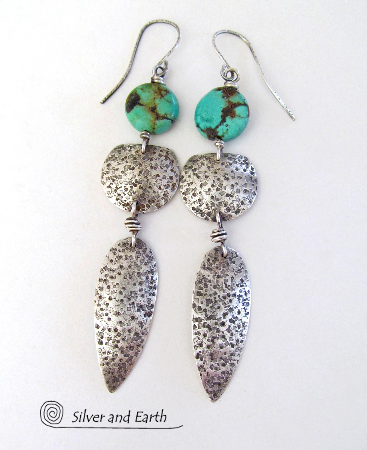 Long Sterling Silver Earrings with Turquoise - Bold Statement Jewelry