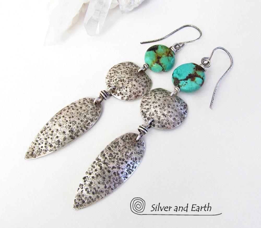 Long Sterling Silver Earrings with Turquoise - Bold Statement Jewelry