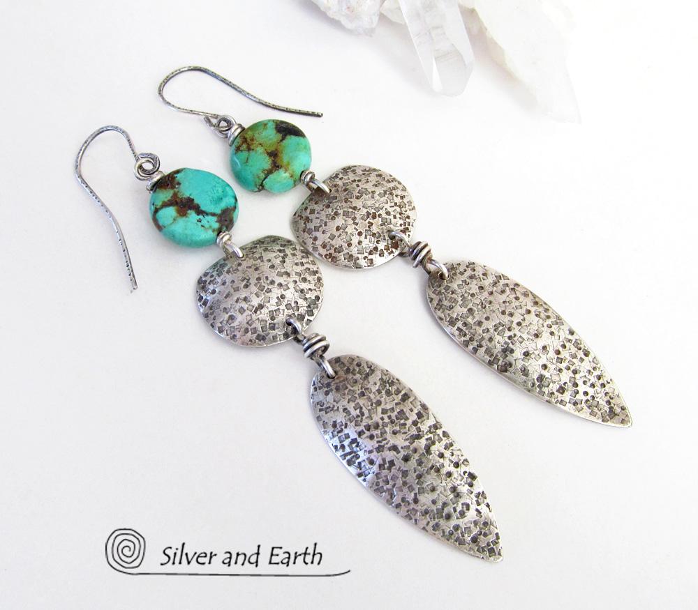 Long Sterling Silver Earrings with Turquoise - Bold Statement Jewelry