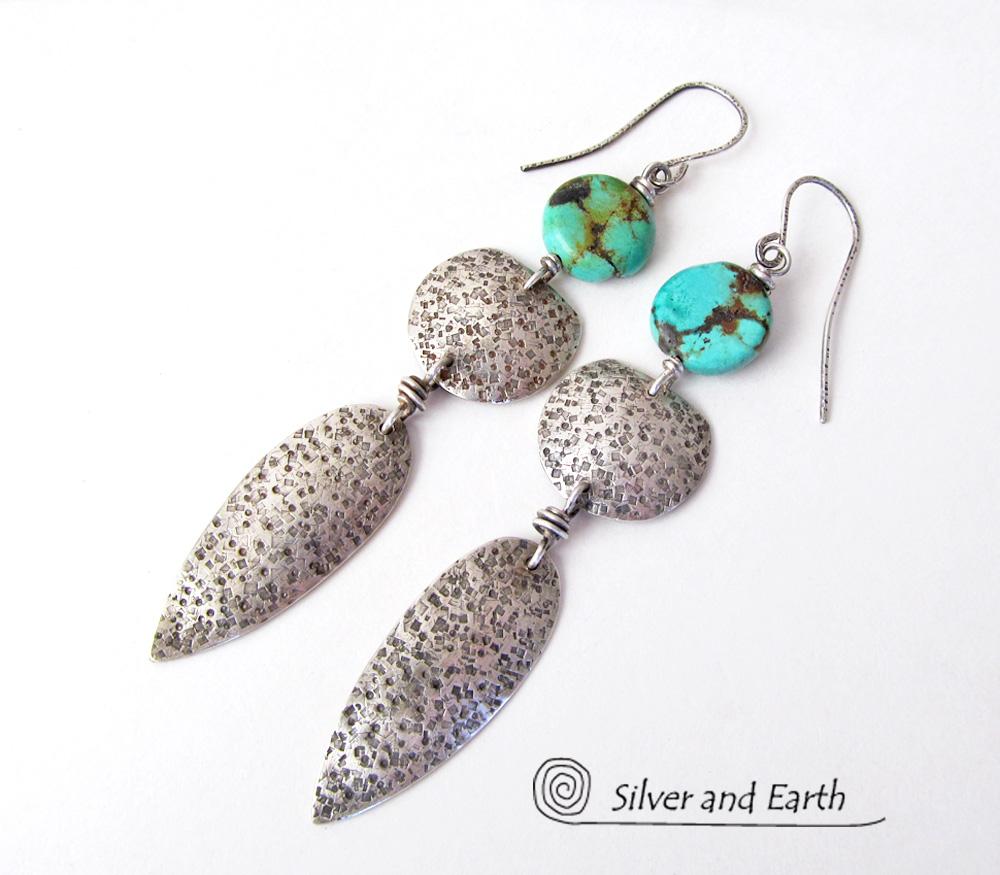 Long Sterling Silver Earrings with Turquoise - Bold Statement Jewelry