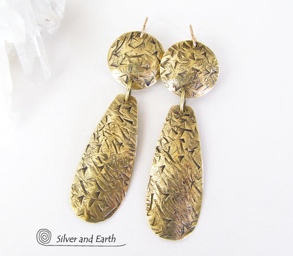 Textured Gold Brass Dangle Earrings - Contemporary Modern Metal Jewelry