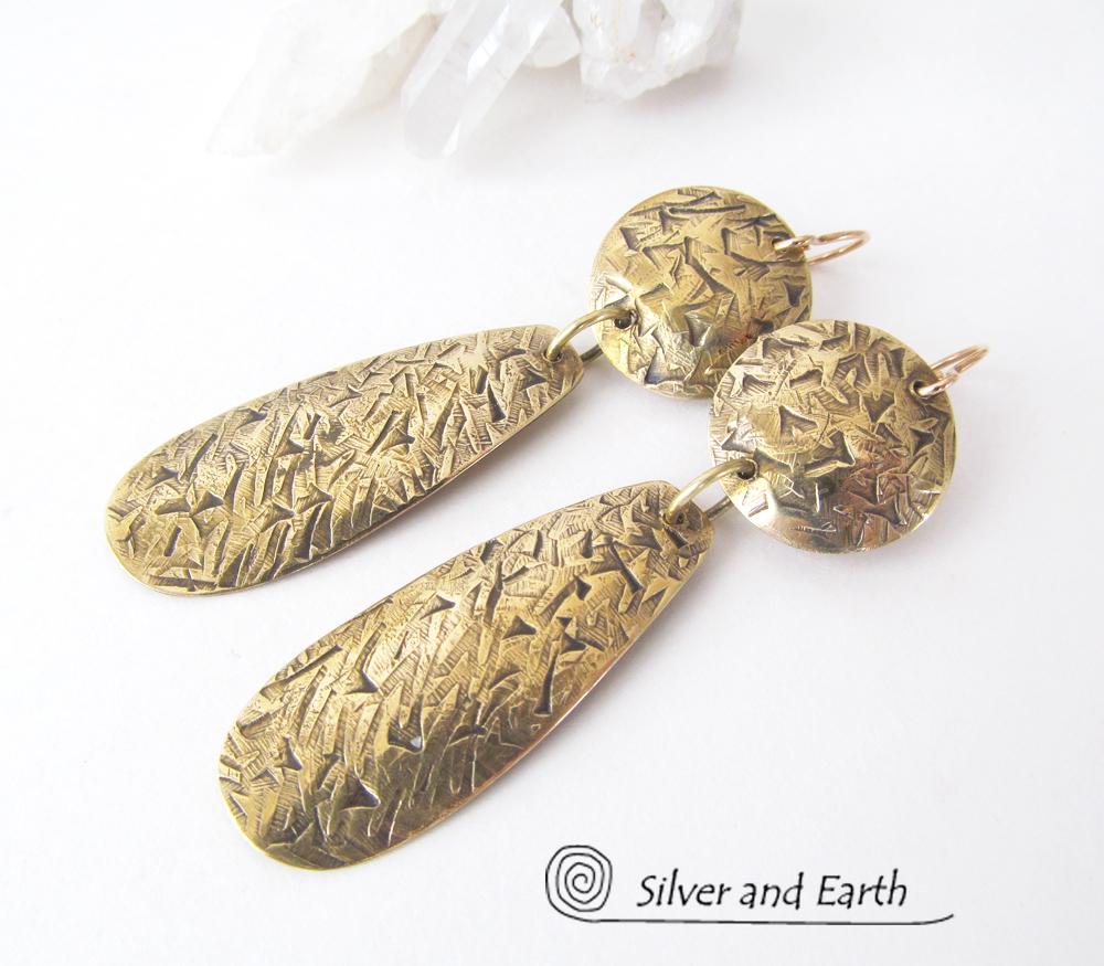 Textured Gold Brass Dangle Earrings - Contemporary Modern Metal Jewelry