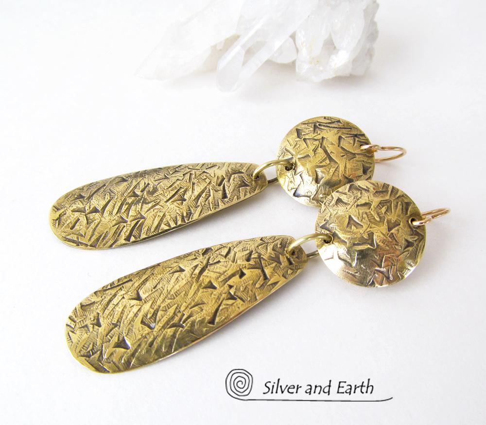 Textured Gold Brass Dangle Earrings - Contemporary Modern Metal Jewelry
