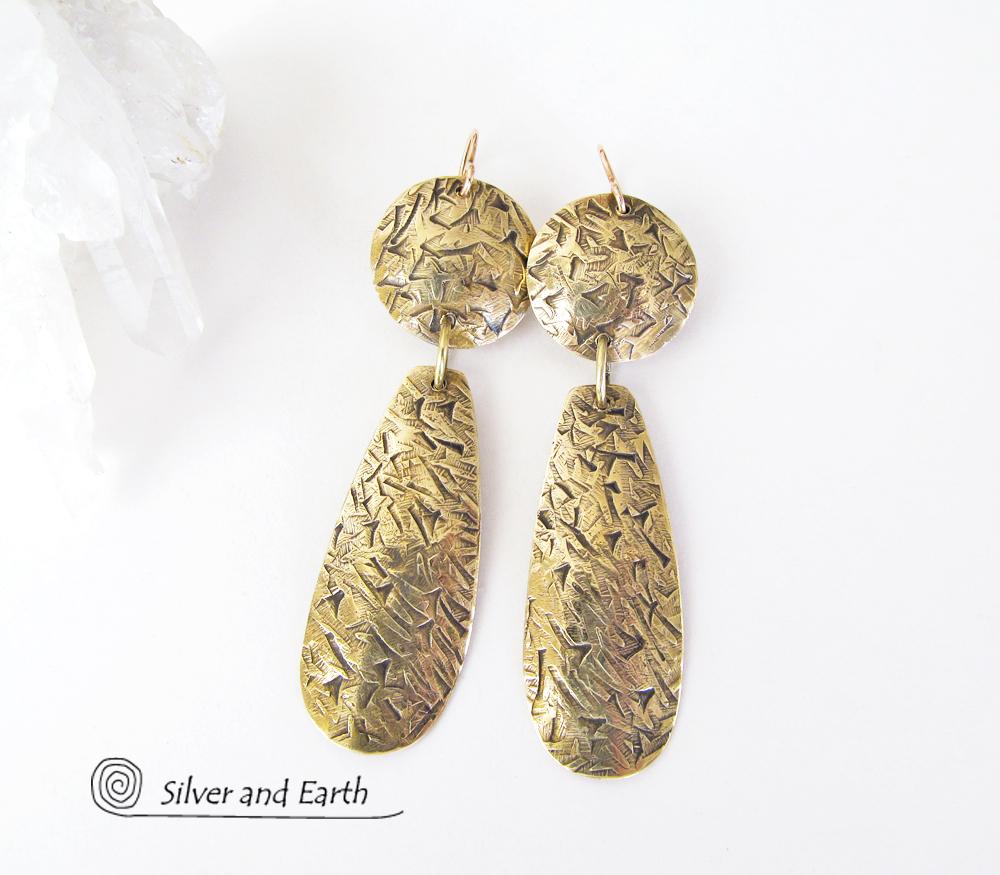 Textured Gold Brass Dangle Earrings - Contemporary Modern Metal Jewelry