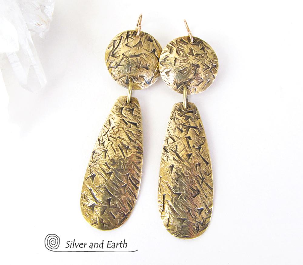 Textured Gold Brass Dangle Earrings - Contemporary Modern Metal Jewelry