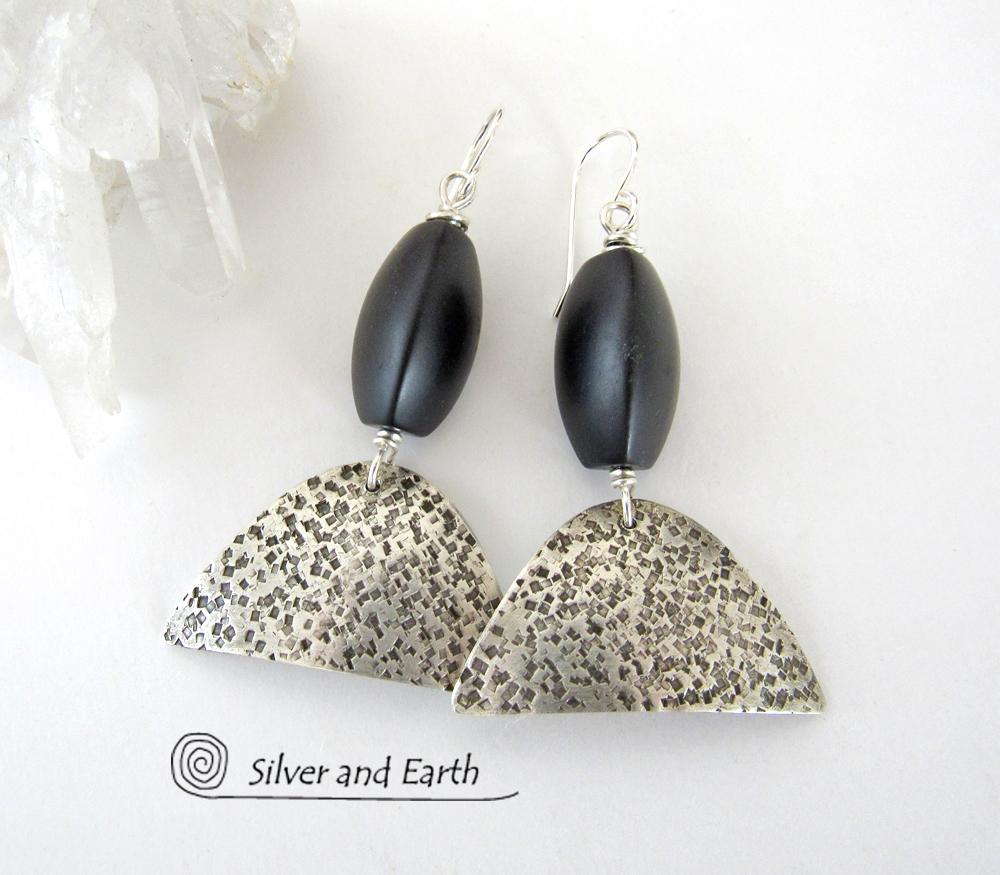 Textured Sterling Silver Earrings with Black Onyx - Contemporary Modern Jewelry