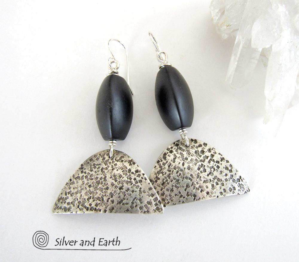 Textured Sterling Silver Earrings with Black Onyx - Contemporary Modern Jewelry