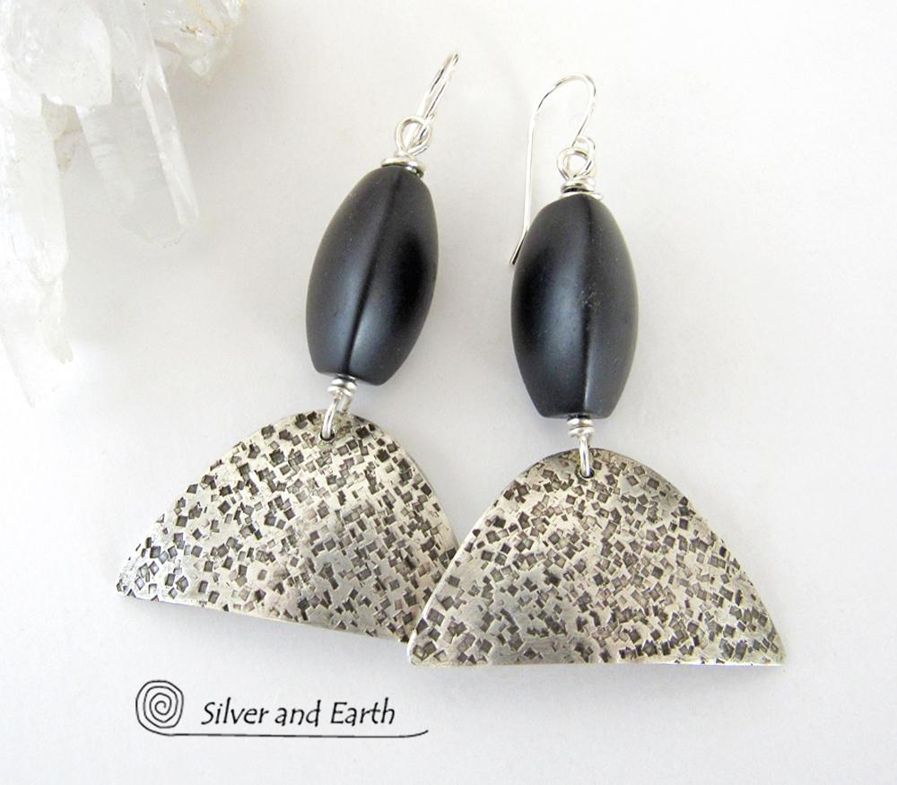 Textured Sterling Silver Earrings with Black Onyx - Contemporary Modern Jewelry