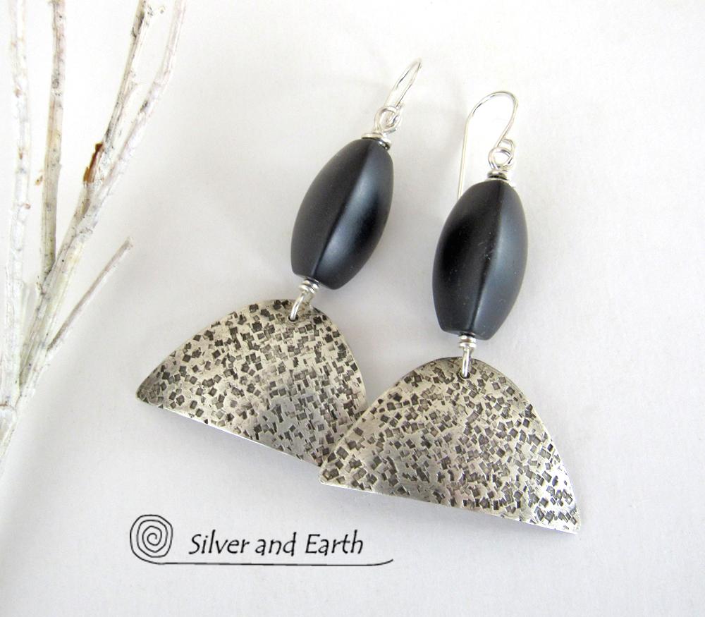 Textured Sterling Silver Earrings with Black Onyx - Contemporary Modern Jewelry