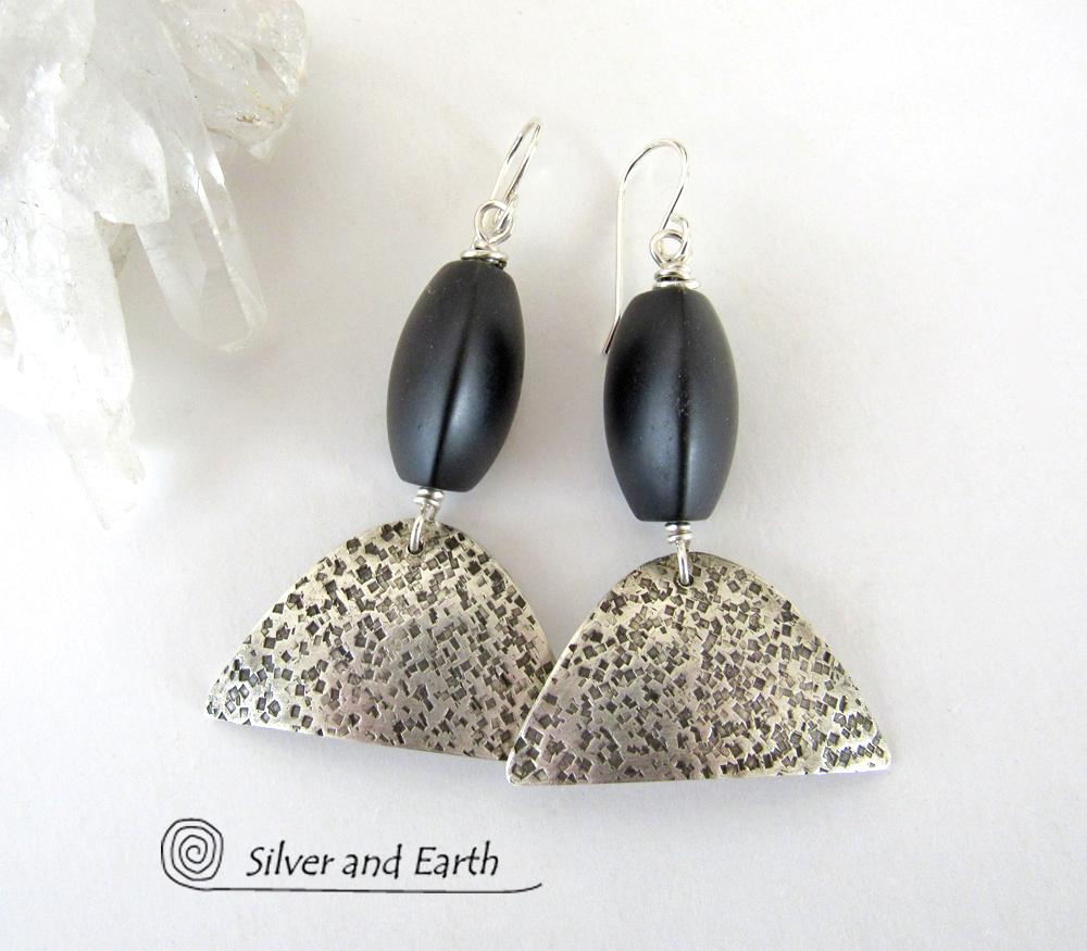 Textured Sterling Silver Earrings with Black Onyx - Contemporary Modern Jewelry