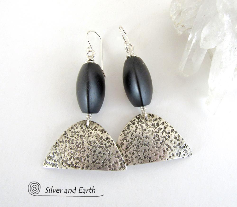 Textured Sterling Silver Earrings with Black Onyx - Contemporary Modern Jewelry