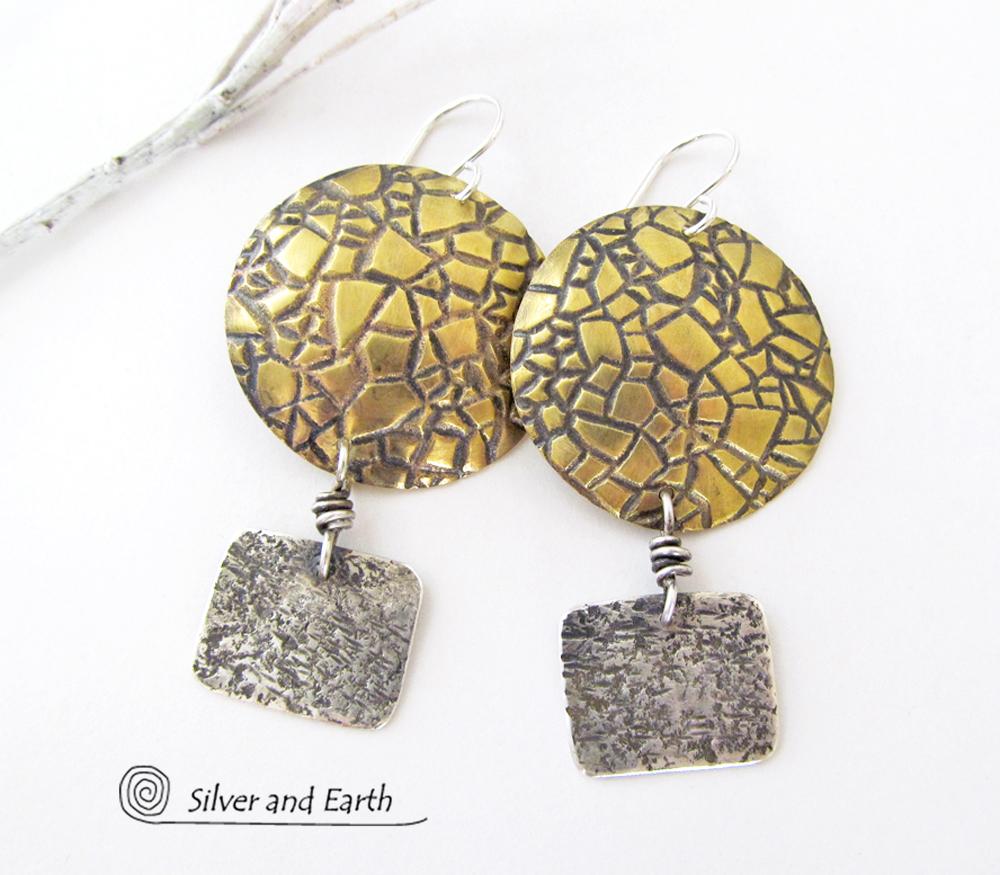 Mixed Metal Earrings with Textured Sterling Silver & Gold Brass - Modern Jewelry