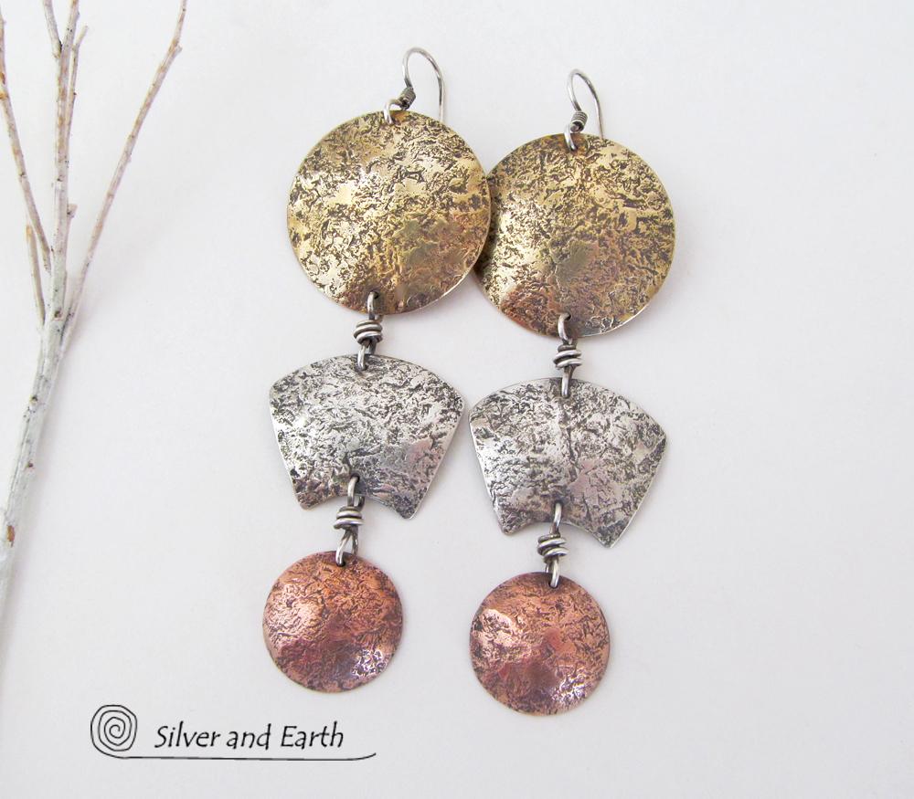 Mixed Metal Long Dangle Earrings - Bold Exotic Ancient Egyptian Inspired Jewelry