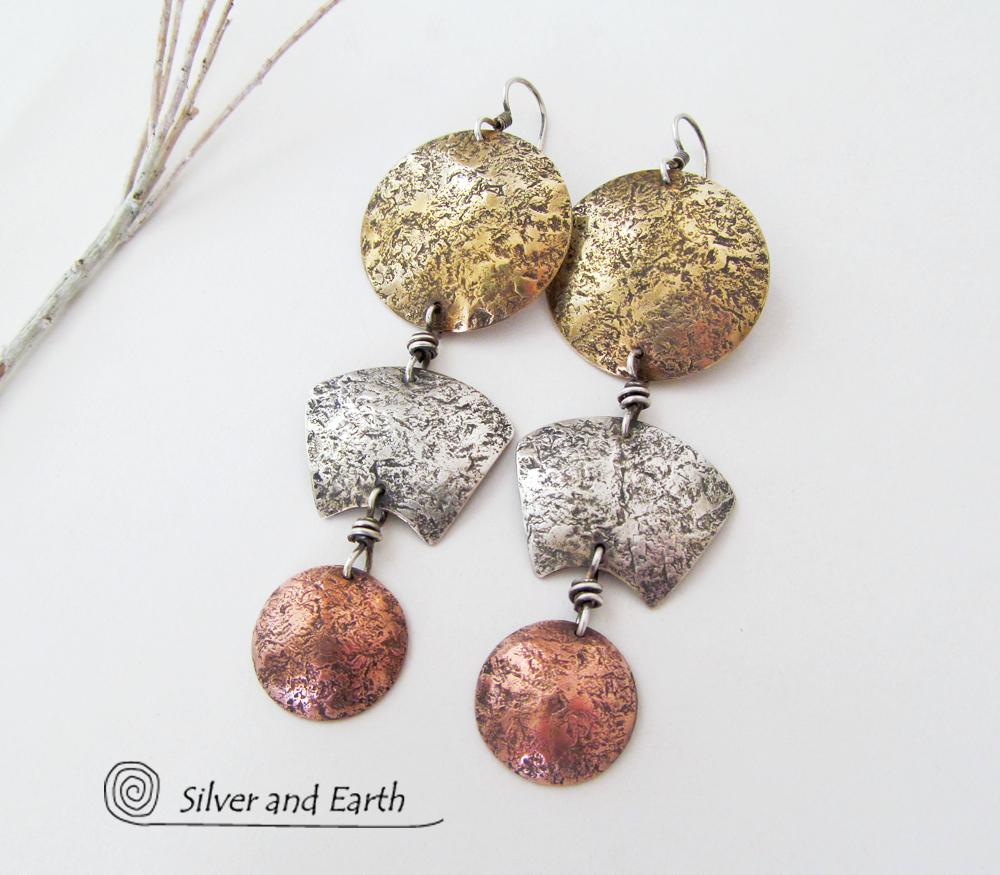 Mixed Metal Long Dangle Earrings - Bold Exotic Ancient Egyptian Inspired Jewelry
