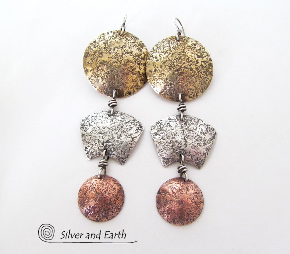 Mixed Metal Long Dangle Earrings - Bold Exotic Ancient Egyptian Inspired Jewelry