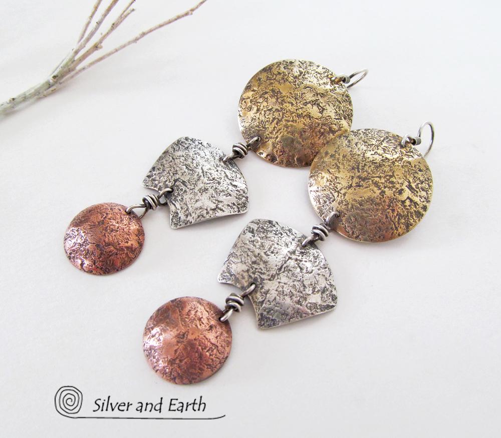Mixed Metal Long Dangle Earrings - Bold Exotic Ancient Egyptian Inspired Jewelry