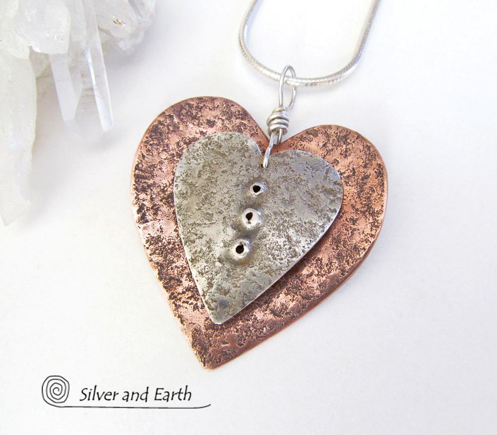 Nesting Heart Necklace with Sterling Silver & Copper - Unique Romantic Jewelry