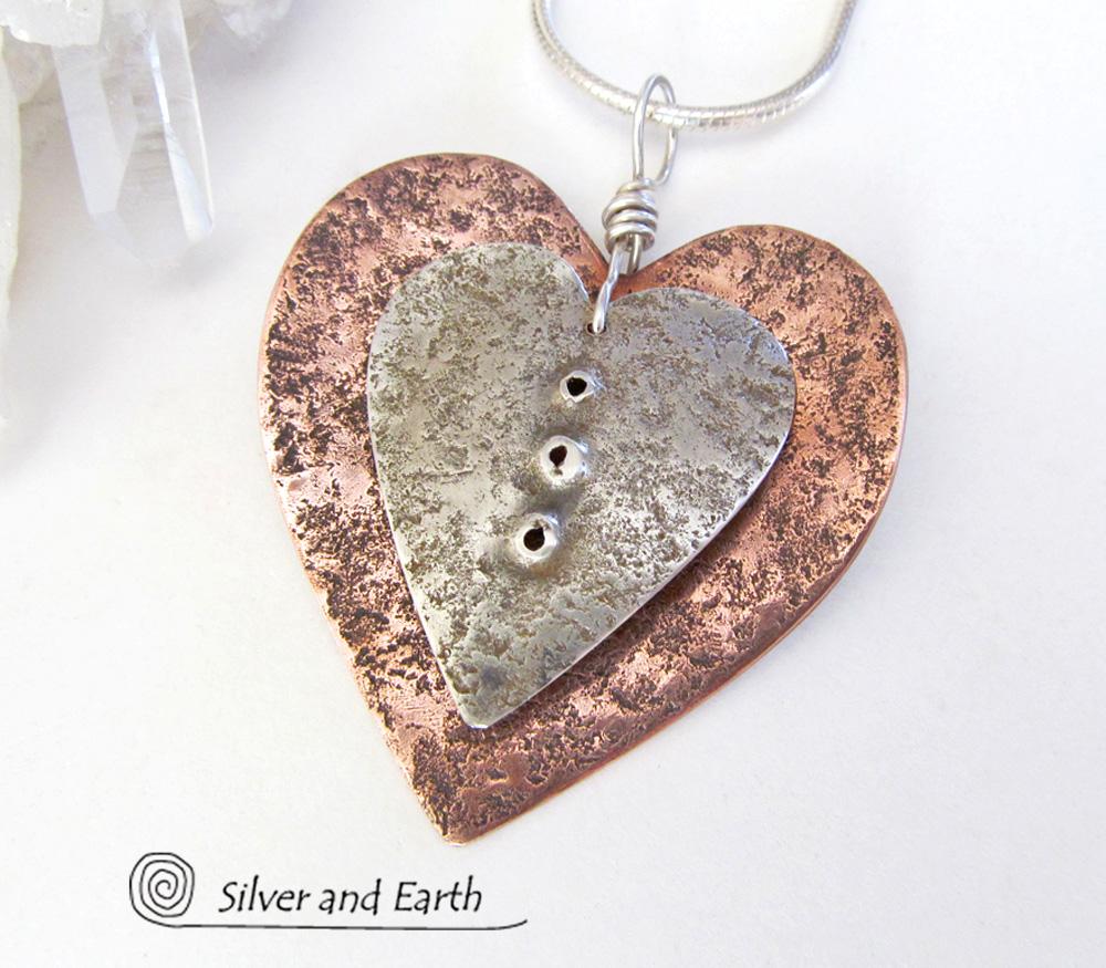 Nesting Heart Necklace with Sterling Silver & Copper - Unique Romantic Jewelry